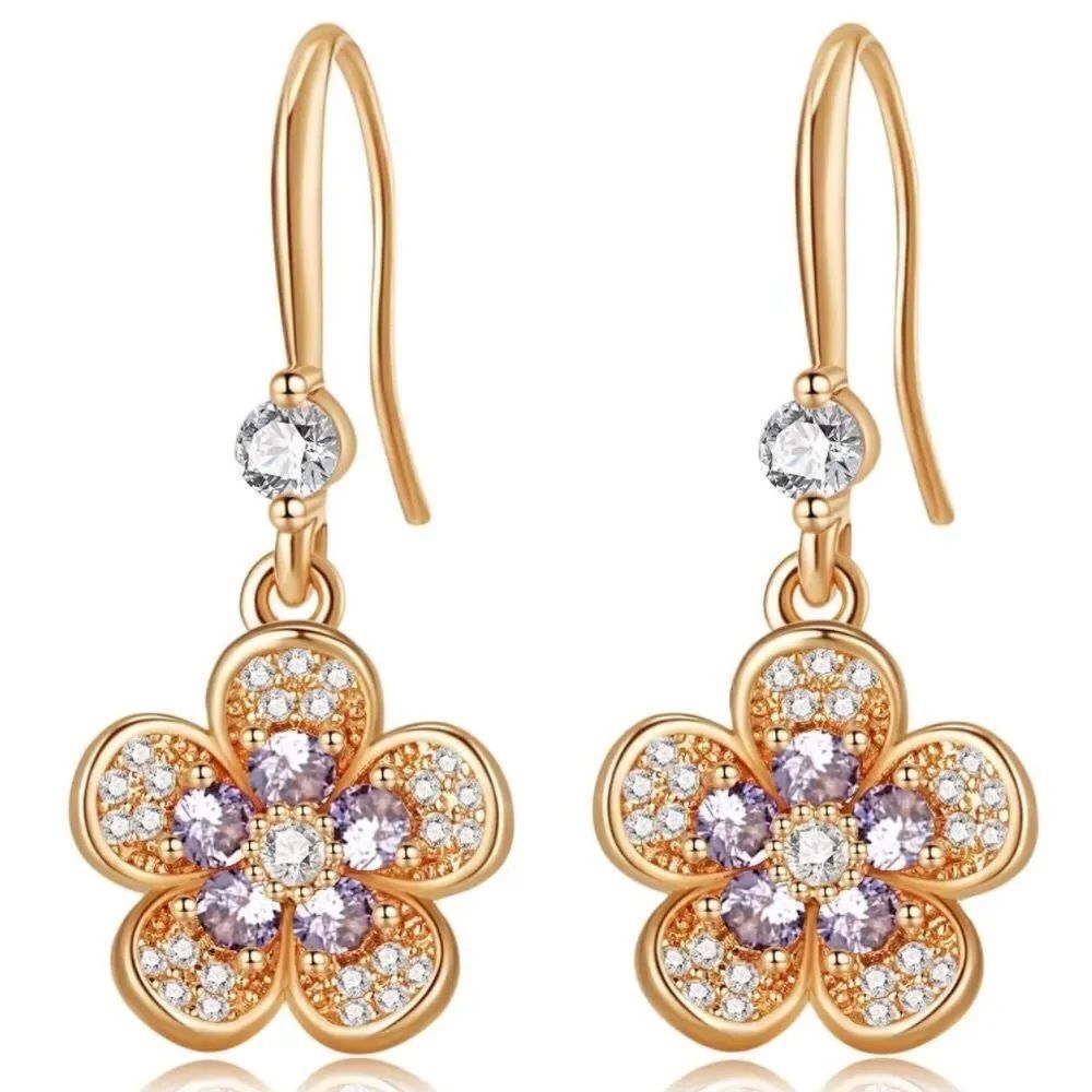 14K Yellow Gold with Tanzanite and Diamond Austrian Crystal Flower Hook Earrings